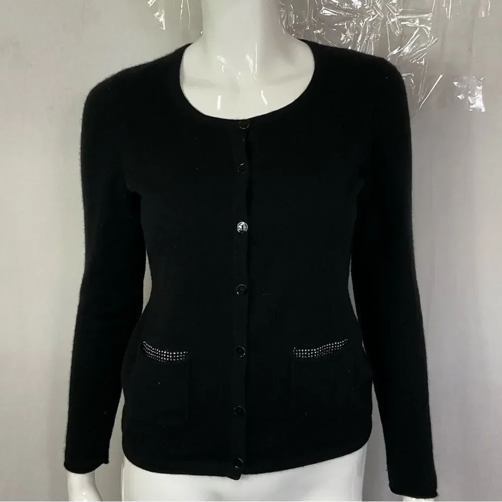 Sutton Cashmere Black Rhinestone Elbow Button Front Cardigan Sweater Size S - Picture 3 of 8